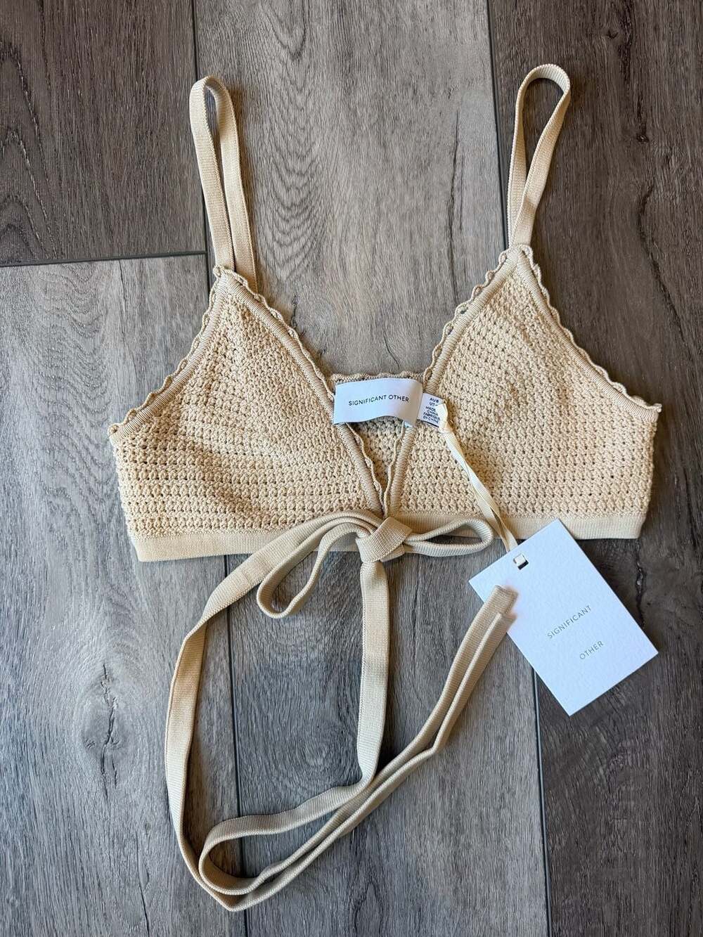 Significant Other Beige Crochet Triangle Tie Back Crop Top US 4 Festival